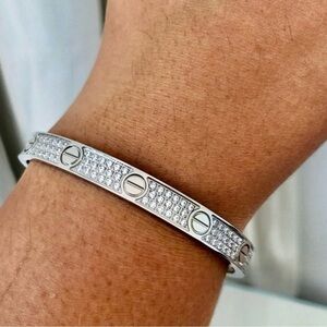 Pave Diamond Screw Cuff Bangle Bracelet Silver